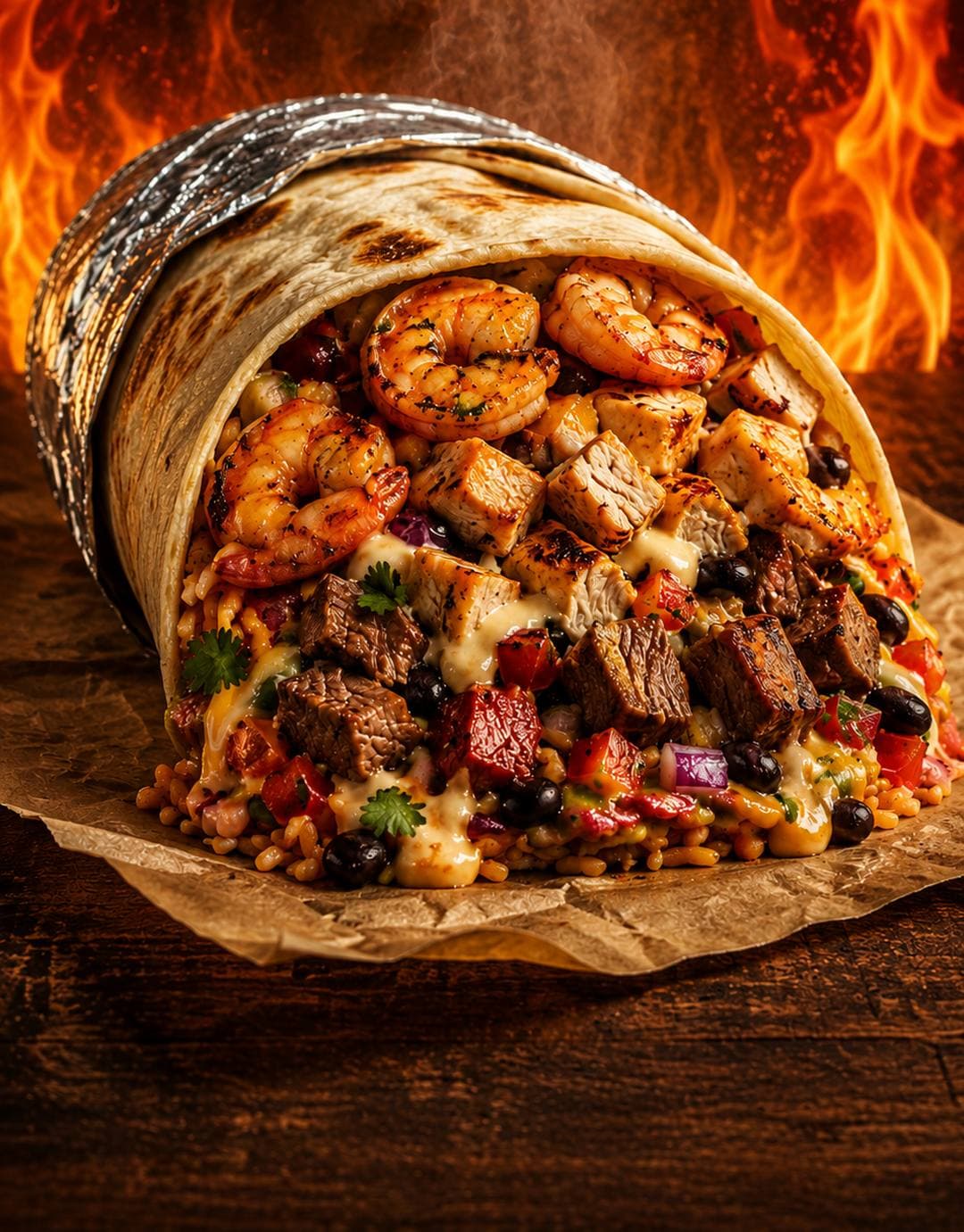 Big Boss burrito special, stuffed with three meats, steaming over a fiery backdrop