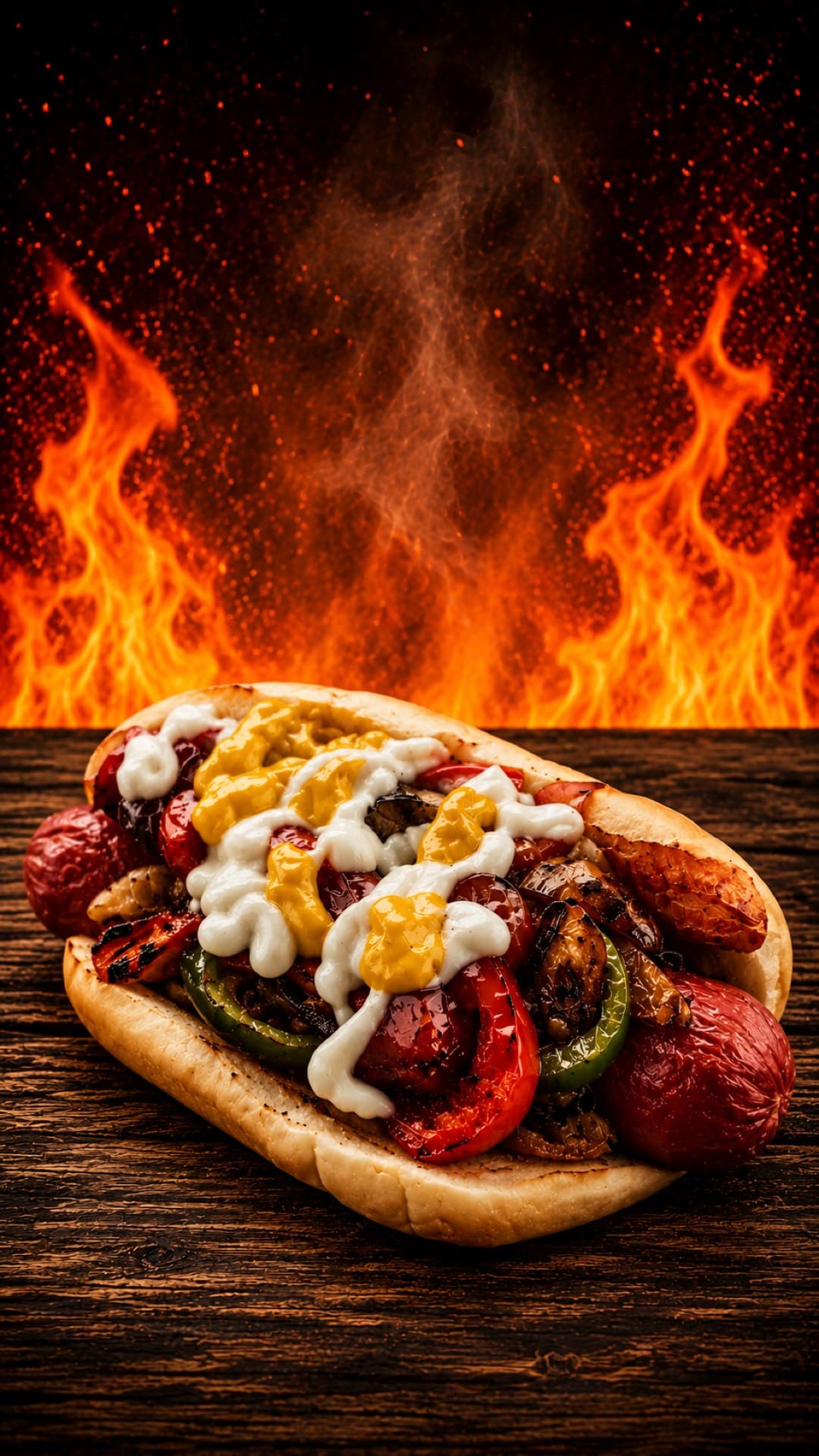 Dog Friday: bacon-wrapped hot dog loaded with grilled peppers, onions and house sauces