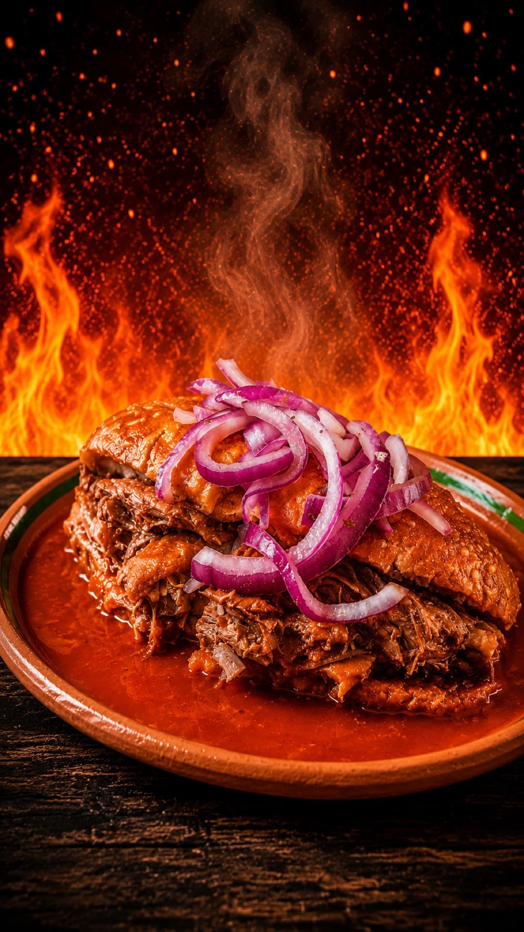 Torta Ahogada Estilo Jalisco: a torta drowned in red chile sauce with pickled red onions